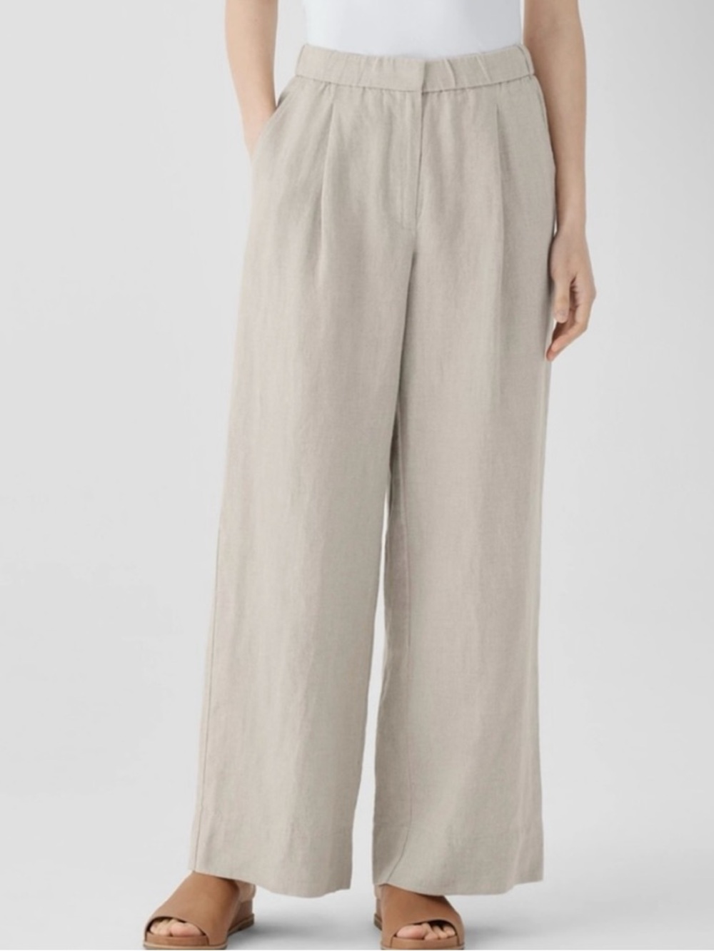 Eileen Fisher Wide-Leg Organic Linen Pants in Light Beige